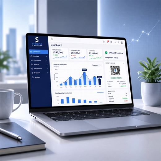 SpreadBooks ERP dashboard showing financial reports and ZATCA e-invoice QR code